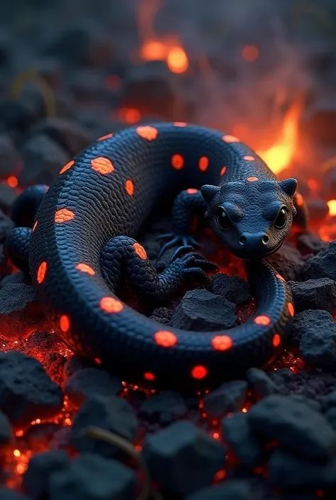 a photorealistic top-view black fire salamander sleep on bed ashes, salamander skin bioluminescent spots in glowing sahed of red and orange, the salamander curled up in the center of the composition, scene is dimly lit, gently illuminated in the dark by gl...