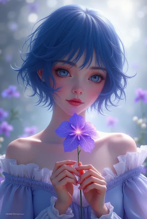 A fantasy girl with indigo short hair is holding a purple bellflower。