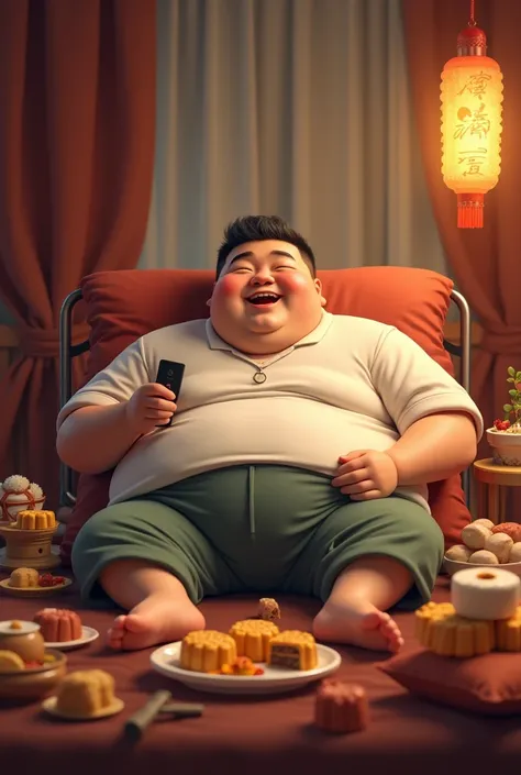 Obese Chinese man lying on a bed, surrounded by an assortment of mooncakes and traditional sweets, holding a remote control while watching TV, with a content expression.