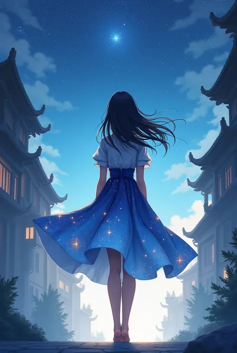 masterpiece, Highest quality, One girl, alone, Guizhong City_Genshin Impact, Default_dress, From behind, Starry sky print, Sleeves up to the wrists, barefoot 