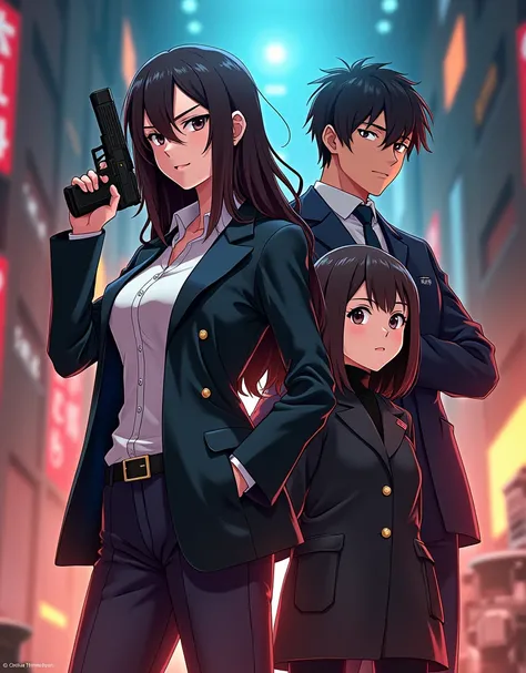 a spy x family, 1girl, 1boy, 1child, spy gear, action poses, dynamic composition, colorful vibrant colors, anime art style, intricate details, highly detailed, cinematic lighting, dramatic shadows, cinematic framing, (best quality,4k,8k,highres,masterpiece...