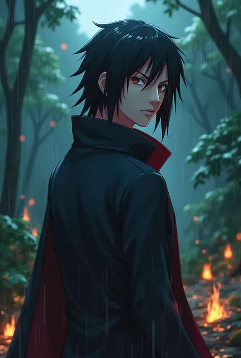 Closeup portrait, Uchiha Sasuke stand alone in the jungle, rainy sky, scattered fire, 4K, Anime, kishimoto, shonin Manga, Naruto Shippuden character, wearing a long jacket, long shinny hair, glamorous colors, 8K imaginative, deep learning, AI enhanced edit...