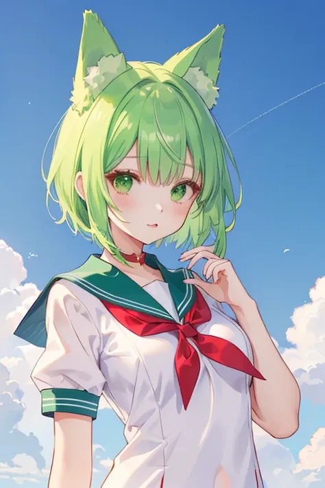 to heart,multi,sailor suit,red collar,half-taken clothes,green hair,straight hair,short hair,small breasts,extra sleeves,droopin...