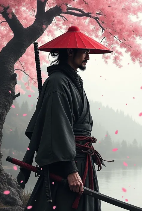  ronin,black and white,red hat
,sabre,Japanese cherry tree,Realist,full  body