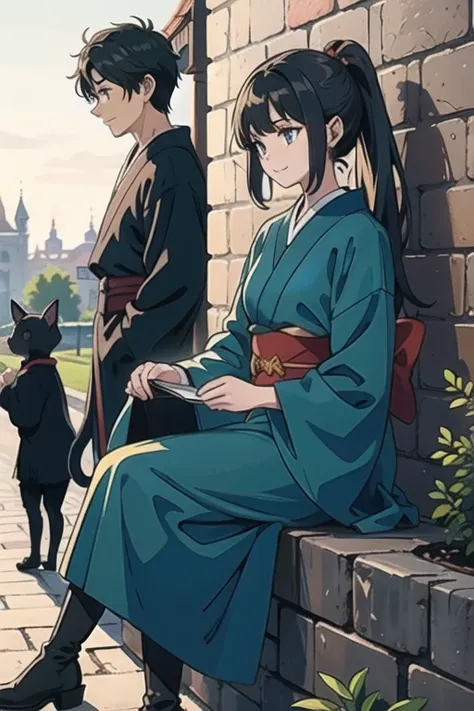 (((group shot))), (((4characters)))(1young man, 1young woman, 1young girl, 1cat-girl), in European medieval world, in summer, street, masterpiece, best quality BREAK 
1 young man standing on cobblestone, green magician’s robe, black hair, black leather boo...