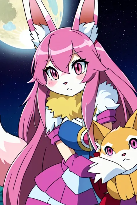 there is a woman dressed as a bunny and a dog, seraphine ahri kda, annie from league of legends, ahri from league of legends, cute fumo plush bunny girl, ultrarealistic sweet bunny girl, furry character, from league of legends, furry anime, the bunny has p...