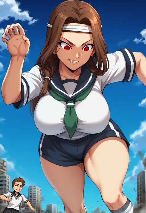 ultra-detailed, detailed face, detailed eyes, retro anime style, cartoon style, front view, from bottom, powerful shot, powerful effects, dynamic effects, dynamic shot, 

athletic curvy physique, inverted body type, attractive feminine curves, big breasts,...