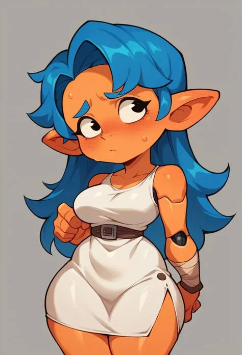 Robot female  ,Dwarf，{{short stack}},big butt ,wearing short dress , short Breasts , White Dress，BLUE hair ,sci-fi Style , Shy expression，Orange Skin，long hair, American anime style