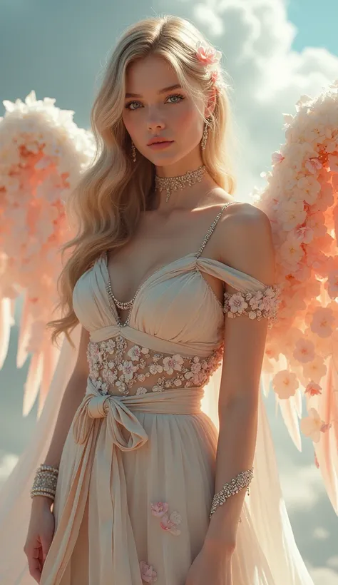 Very beautiful woman angel, Petal-studded outfits and accessories, whole body