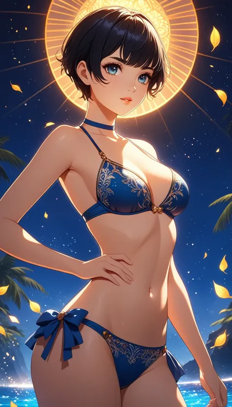 masterpiece,best quality,1girl,black hair,pixie cut,cute,medium breasts,beautiful detailed face,beautiful detailed eyes,beautiful detailed body,beautiful detailed bikini,animation illustration,cowboy shot,fantasy,vivid colors,soft lighting,cinematic,elegan...