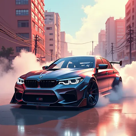 New Haicheng style painting, sketch style, latest BMW M3, sedan with three compartments and four doors, sports style modification, no reflection on the body, dreamy clouds in the sky on the cyberpunk style streets, dreamy colors, smoke surround, warm tones...