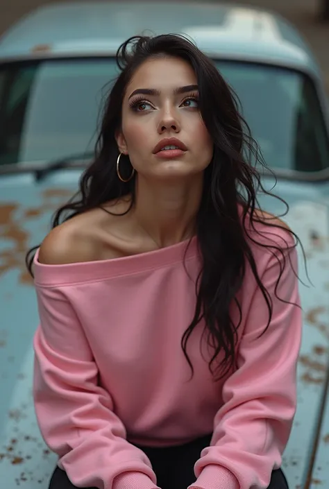 high angle photo of a gorgeous young woman in the style of cyberpunk, realistic skin texture, looks up,pink sweatshirt,posing on a car, 1 / 2 body crop, 8 5 mm art lens, f 1. 2, sharp focus, 8 k high definition, insanely detailed, intricate, elegant, art b...