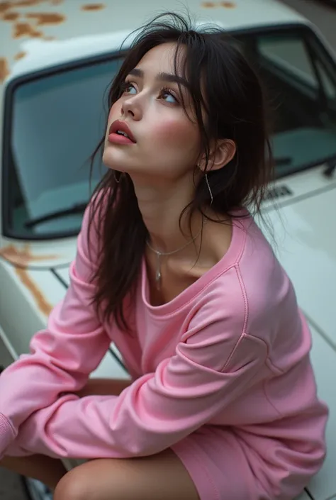 high angle photo of a gorgeous young woman in the style of cyberpunk, realistic skin texture, looks up,pink sweatshirt,posing on a car, 1 / 2 body crop, 8 5 mm art lens, f 1. 2, sharp focus, 8 k high definition, insanely detailed, intricate, elegant, art b...