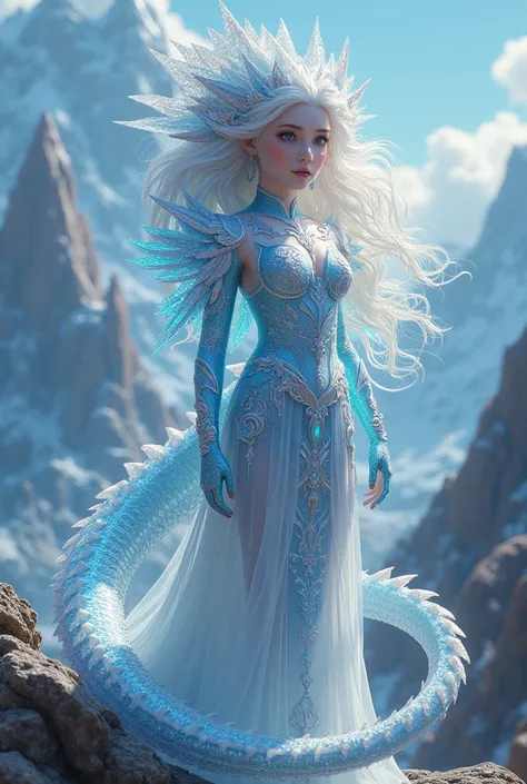 Crystal Dragon Maiden and girl hybrid fusion: A girl adorned in crystalline armor with dragon scales blending into her outfit, her hair flowing like dragon’s breath, surrounded by a landscape of glittering, enchanted mountains.