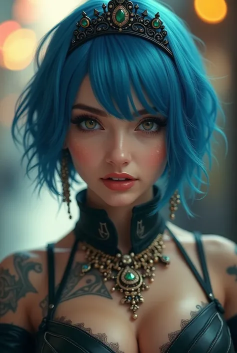 Masterpiece, best quality, high quality, very detailed CG uniform 8k wallpaper, 1girl, solo, blue hair, tattoo, short hair, hat, jewelry, smile, necklace, looking at the audience, hat, realistic, open mouth, teeth, upper body, vest, nose, bare shoulders, a...