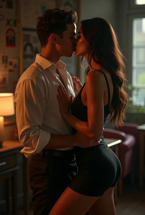 a beautiful, sexy female teacher seducing her male student, elegant facial features, piercing eyes, luscious lips, long flowing hair, slender figure, tight skirt, unbuttoned blouse, provocative pose, sensual gaze, intimate setting, dramatic lighting, cinem...