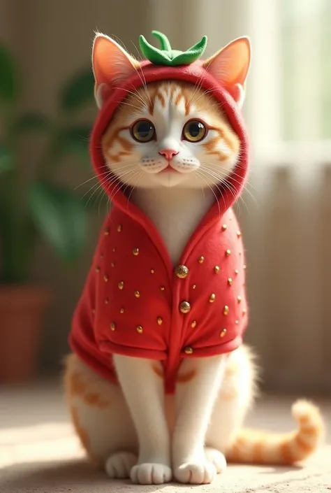 Un chat réaliste, grand et fin, se tient debout comme un humain sur ses pattes arrière, face directement à lobservateur. Le chat porte un costume de fraise très mignon, avec un chapeau assorti en forme de feuille. Sa fourrure est douce, mêlant des taches b...