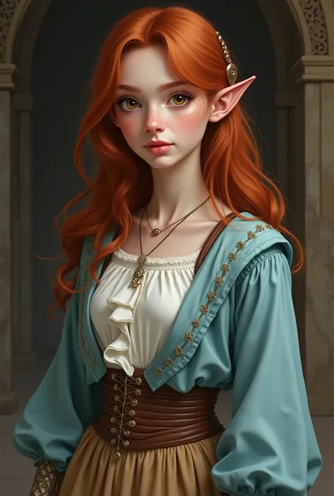 A 2 half-elf with shoulder-length, red brown hair. Her hair is slightly curly. She has brown eyes and light freckles on her face. She wears light brown pants and a white blouse. She wears a light blue jacket over it. Her clothes are in medieval style.