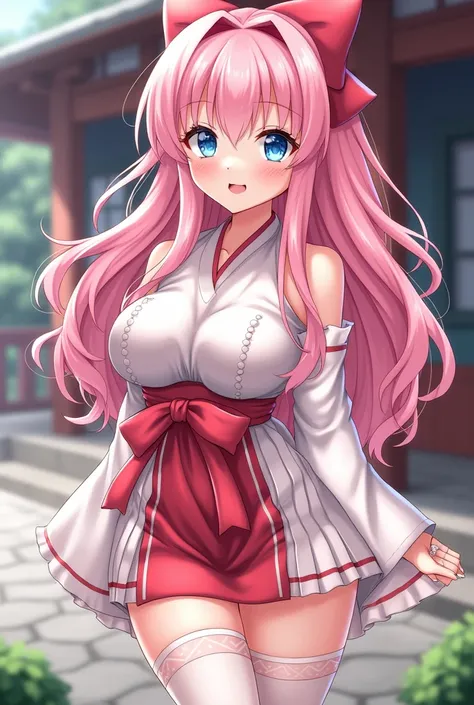 ((((Highest quality)))), ((masterpiece)), ((detailed)), (High resolution),(((high resolution))),((High Quality)),anime , Cute beautiful girl、Pink Hair、Ahoge、Wavy Hair、Blue Eyes、detailedな瞳、bouncy big boobs、((Perfect body))、（Plump, thick and sexy thighs）、Shi...