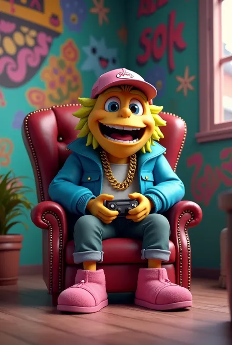 An animated CBD flower, that he is sitting in a leather chair, The flower is dressed in pink slippers, a blue jacket and a cap, wears gold chains, He is playing the PlayStation in a room full of graffiti.

