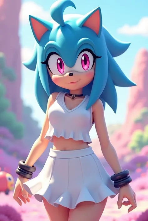 Generate a female character in the style of the Sonic franchise, I feel an aqua blue hedgehog with pastel pink eyes and white clothes with small black accessories, a skirt and with bangs and a small high ponytail 