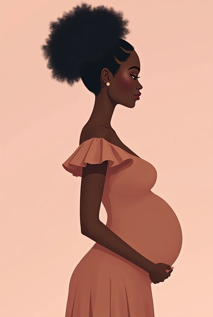 A stylized illustration of a pregnant woman with dark skin, displaying an elegant and confident profile. She is wearing a dress with ruffled details on the shoulders. Her hair is tied in a voluminous, curly bun on top of her head. The background is a soft ...