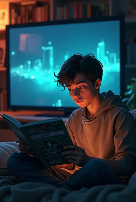 🌚Generate image of a boy in his 20s in which we must feel the film enthusiasm and, he must be a cinephile and have the many facts about film that we didnt know, that room need a TV, have a magazine in hand 