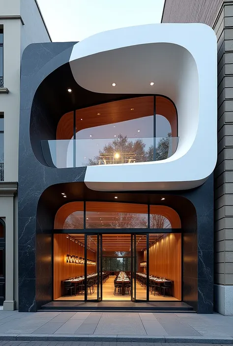 Restuarant facade architecture , a view of parametric 4th floors resturant facade with larg window , main material by glossy white wall and black stone and wood, RAW photo, real, best quality, masterpiece:1.2), look morden parametric , shime ring light, li...