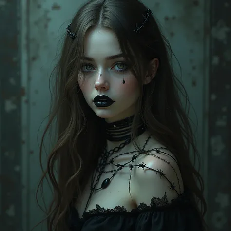 (best quality,highres,masterpiece:1.2),ultra-detailed,(realistic:1.37),portrait,dark attire,girl with symbolic gothic attire, intricate details,expressive eyes,pale skin,black lipstick,long flowing brown hair with hints of gray at the ends,barbed wire wrap...