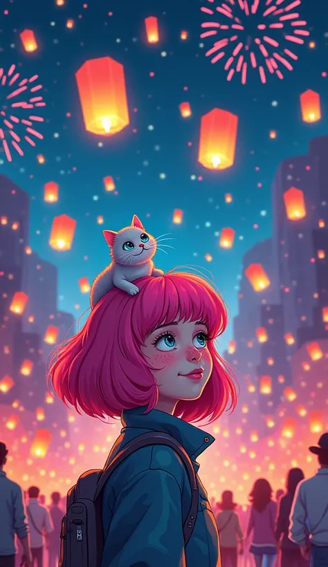 An illustration of a quirky girl with pink hair, in the style of Flat shading, Gemma Correll, with freckles and a cat on her shoulder,  cyberpunk genre,Watching a festival celebrating light in all its forms: lanterns, fireworks, and bioluminescent creature...