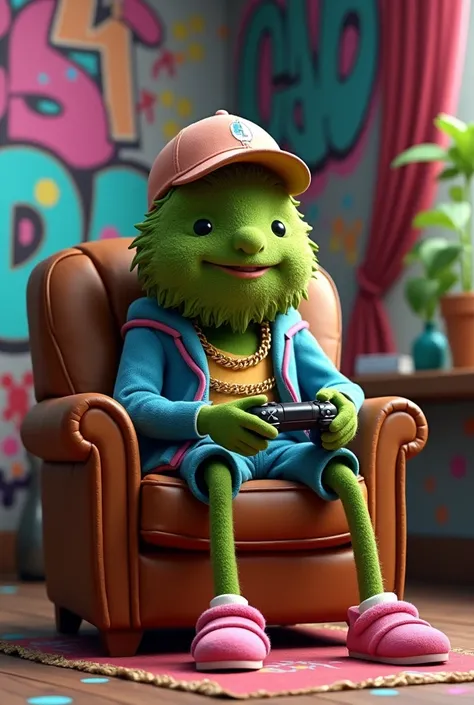 An animated CBD bud, that he is sitting in a leather chair, The flower is dressed in pink slippers, a blue jacket and a cap, wears gold chains, He is playing the PlayStation in a room full of graffiti.

