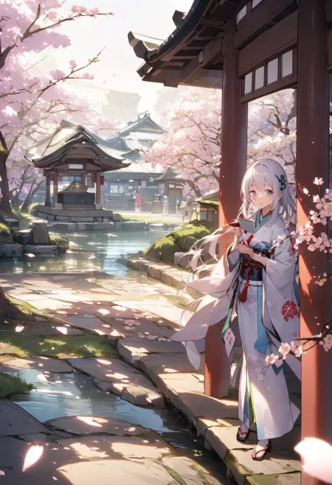 In the temple grounds、Under the cherry blossoms in full bloom, worshippers rejoice as they hold their fortune slips with the characters for &quot;great luck&quot; written on them.。Cherry blossom petals fluttering in the background、A serene spring landscape...