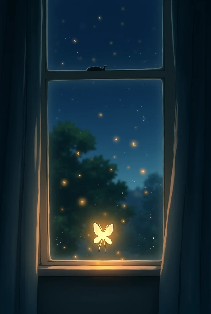 Creat an animation where The firefly land on the closed window trying to escape 