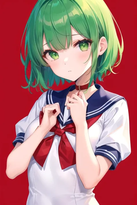 Sailor suit,Red collar,Open-chested clothing,Green Hair,Straight Hair,short hair,Small breasts,extra sleeves,Drooping eyes,Panic look,Big green eyes,Mechanical Ear,Place your hands near your mouth