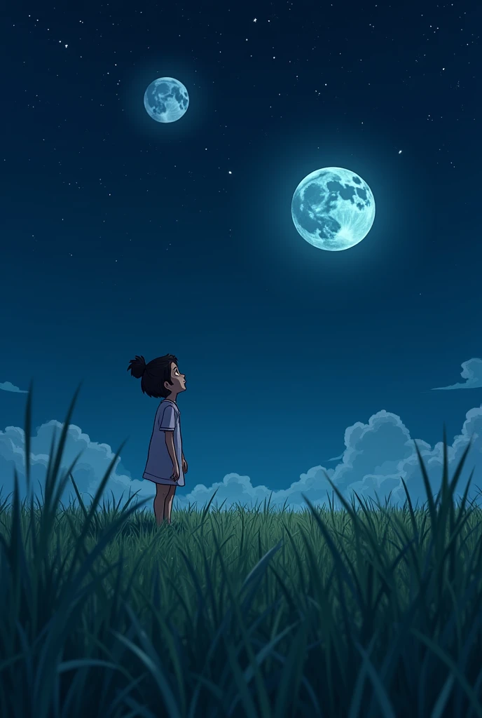 “Create a video illustration of someone waking up in a wide grassy field at night, then seeing two moons in the sky, with a duration of less than 1 minute.”