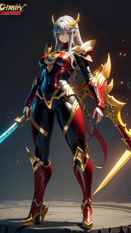 Woman in gold and red latex hero suit holding sword and katana, Ray-traced imagery inspired by Masamune Shirow, Pixiv, chest, Katana Zero video game characters, Kirokaze pixel art, Zodiac Knight Girl, Aqua from Konosuba, guilty gear art style, Phantasy Sta...