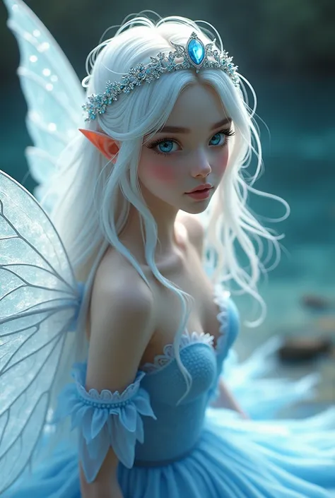 A water fairy with white wings, that shimmer blue in the light. Her hair is white at the roots and fades into dark blue, the tips of her hair are blue. she has blue eyes. She wears a light blue princess dress and a fine tiara with a light stone in the midd...