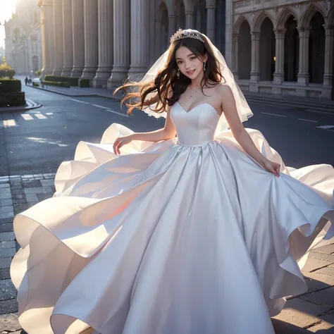 best quality, masterpiece, 1 girl, A huge laugh, cute teen, shiny lips, sweet, sun glare, Conservative attire, wedding dress, Bridal Tiara, depth of field, blurred background, Cathedral Background, light particles, strong wind, head tilt