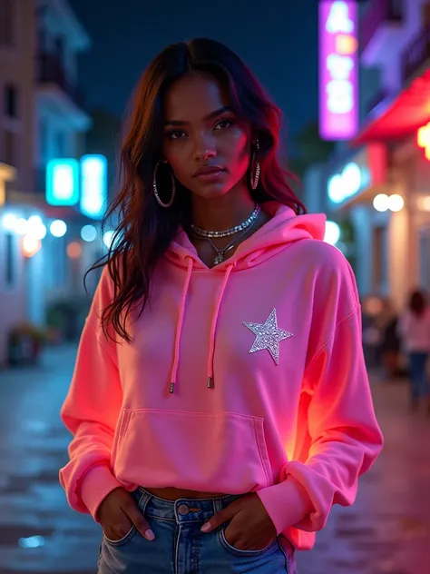 Brown skin girl, wearing a beautiful neon hoodie, wearing beautiful casual clothes, night version, sparkling jewelries, highest quality, fantasy, vibrant colors, pretty pictures, full body pictures