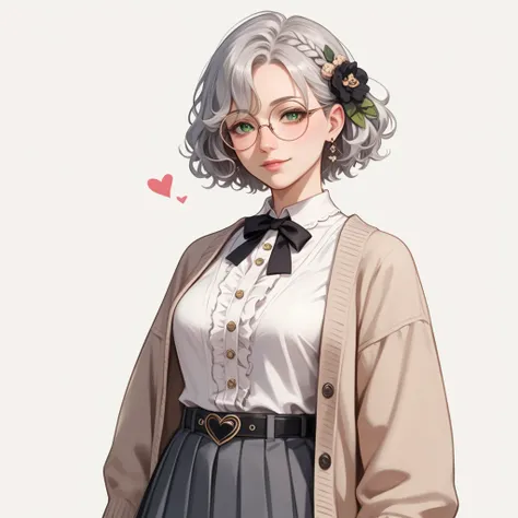 (score_9, score_8_up, score_7_up), (best quality, masterpiece),perfect anatomy,(aesthetic,very aesthetic),official style, (ultra-high resolution), 1girl, green eyes, short wavy silver hair, black floral hair accessory, round glasses, beige cardigan, frilly...