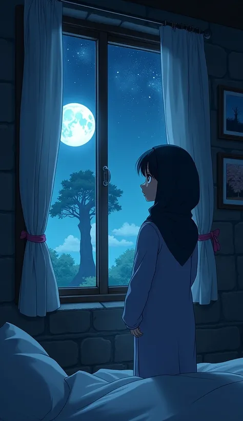  2D pure anime style, The setting shows a garden illuminated by the soft moonlight and dotted with stars. Lily, uma garotinha de dez anos, she is  in his  night suite withe hair cover hijab,  Looking out the old rough mid stone bedroom window with a fascin...