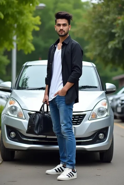 Create a boy picture with bag in university parking car in parking space car name suzuki cultus cars colour is silver 2015 model and boy about 20 years old with well dress black and white shirt blue geans and in background greenery and some car parks and b...