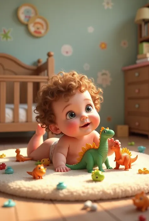 Curly haired baby sitting on her back playing with toy dinosaurs in her room