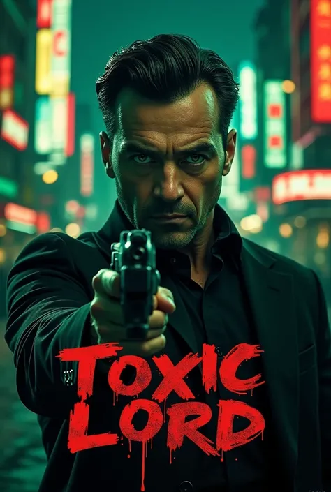 make me film poster for a mobster man in his 30s , istanbul ,  green-eyed , black hair , psychopath hoding a gun of his victim around him  with bloody with film name is Toxic Lord .  Cinematic style