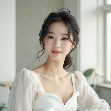 "A minimalist white café background serves as the setting. In focus is a young Korean woman in her early 20s, with a slightly exotic appearance. Her makeup highlights her elegance and beauty, capturing her upper body in a way that emphasizes her graceful a...