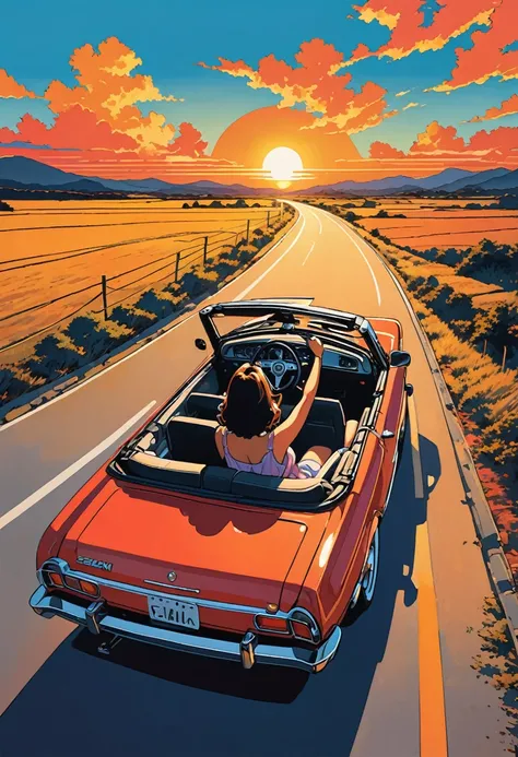 pop art style painting, The sun goes down, Rear view of a carefree woman cruising in a convertible on a wide wilderness road, Drone camera shot from above at sunset, Illustration style of EIZIN SUZUKI, Hiroshi Nagai, pop art style