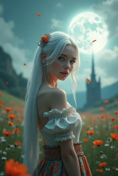 masterpiece, best quality, 1girl, (colorful),(finely detailed beautiful eyes and detailed face),cinematic lighting,bust shot,extremely detailed CG unity 8k wallpaper,white hair,solo,smile,intricate skirt,((flying petal)),(Flowery meadow) sky, cloudy_sky, b...