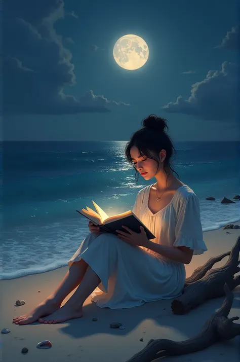 A realistic nature view of sea beach with a moonlit night where a young woman is reading some books 