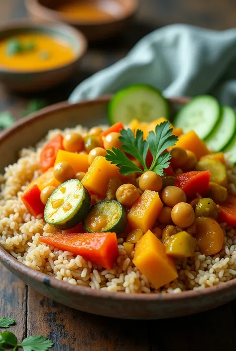 Mango chickpea curry with carrots, Zucchini and peppers with brown rice, with cucumber sticks