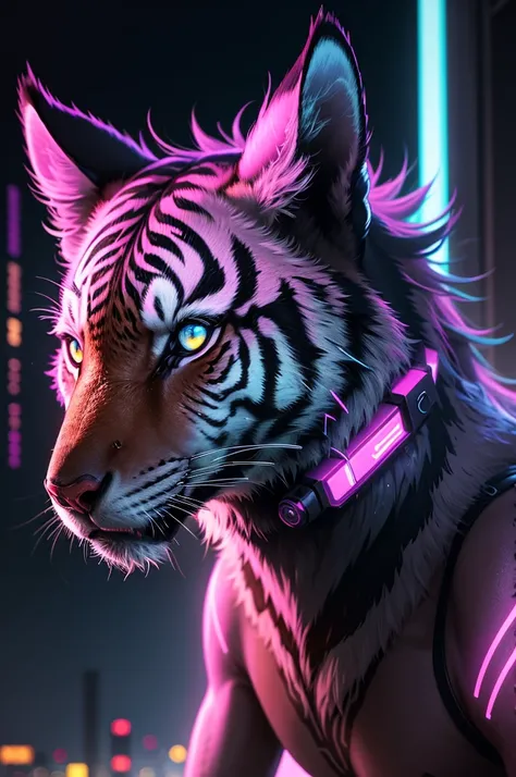 A highly detailed, full-HD illustration of an animals head, wearing a sleek, neon-lit headset in a cyberpunk style. The animal, whether a wolf, tiger, or owl, has fur or feathers with subtle metallic accents, glowing softly under the neon lights. The heads...